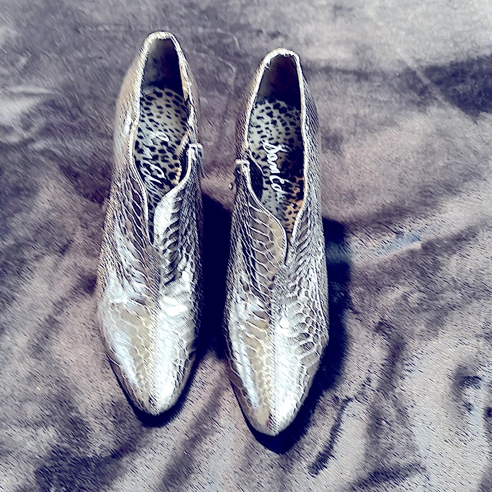 Sexy Sam Edelman high heeled bright silver booties sz 9 m. Gently worn.